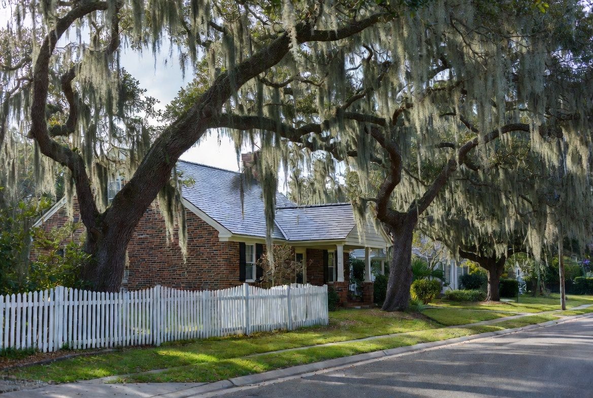Quiet residential street in coastal Alabama with brick homes and oak trees